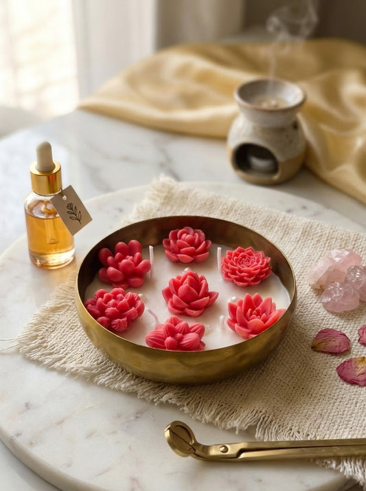 A round gold metal candle holder filled with white wax and six pink lotus-shaped candles, styled on a marble tray with a small amber dropper bottle, pink crystals, dried petals, and a brass spoon in a warm indoor setting.