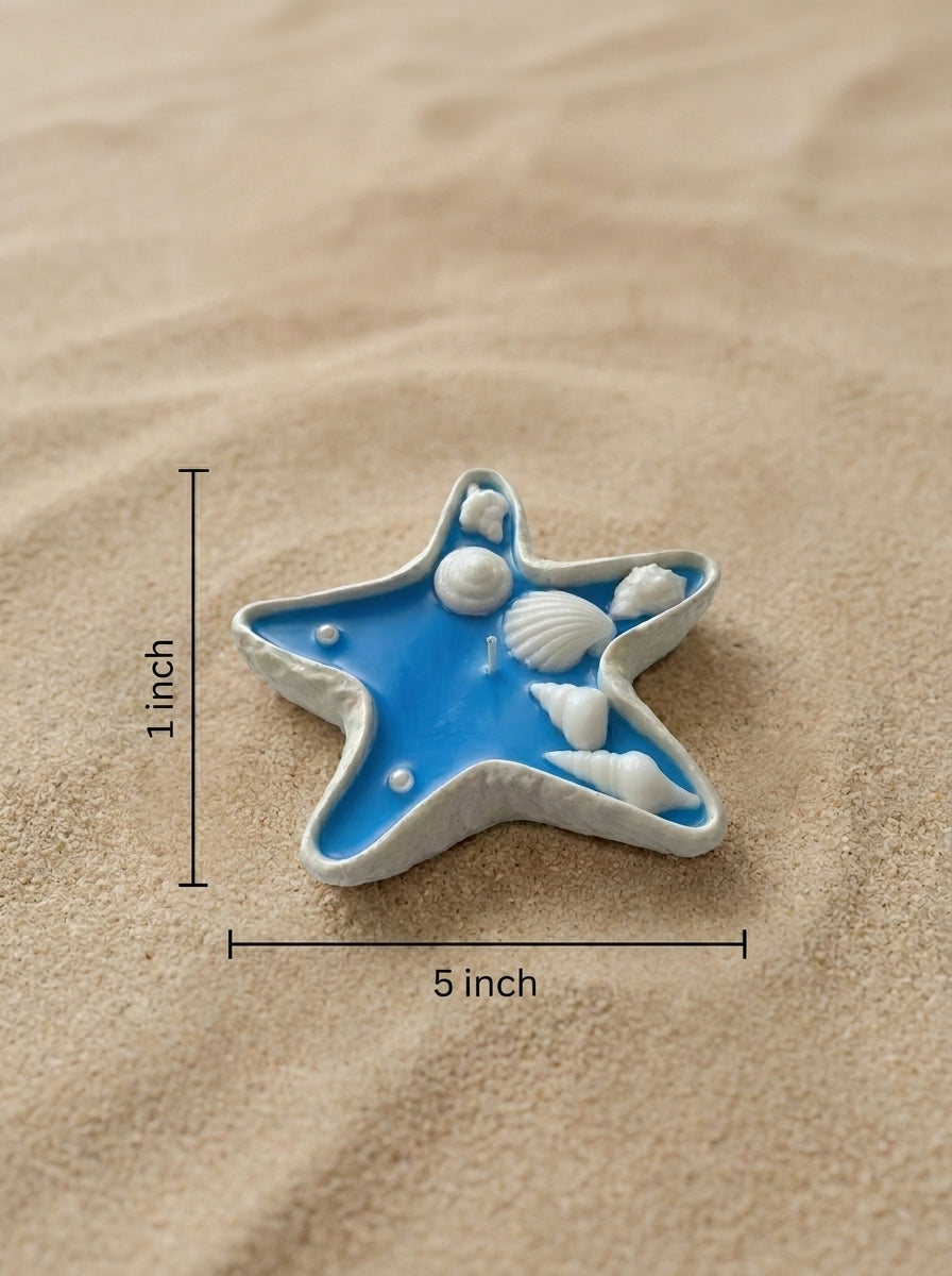 Star-shaped object with shells on sand, showing measurements
