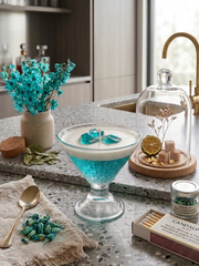 Cocktail with blue and white liquid on a kitchen counter with decorative elements.