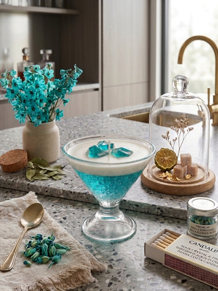 Cocktail with blue and white liquid on a kitchen counter with decorative elements.