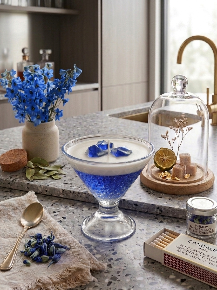 Blue and white dessert in a glass on a kitchen counter with flowers and candles.