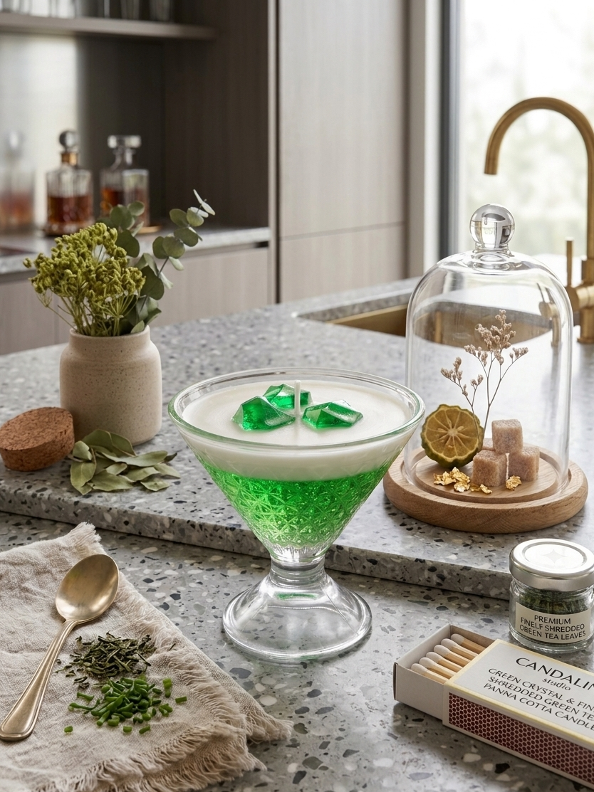 Green and white cocktail in a glass on a kitchen counter with decorative elements.