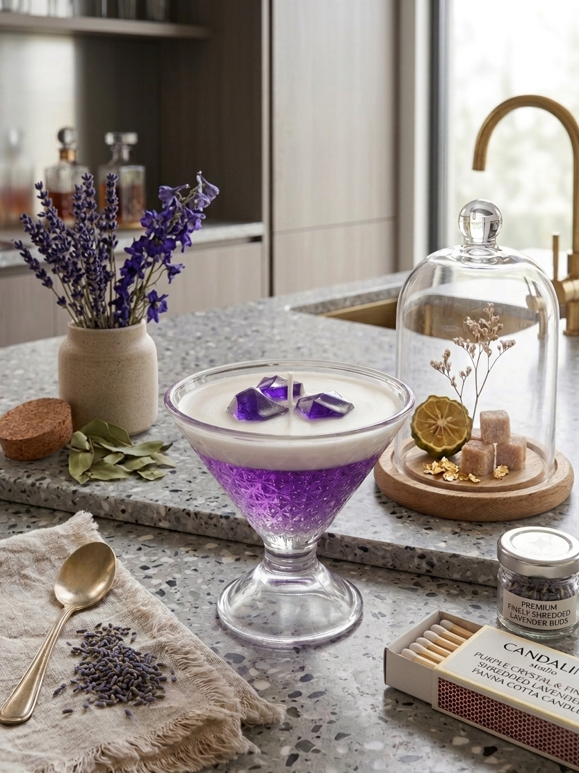 Purple cocktail with white foam in a glass on a kitchen counter with lavender and candles.