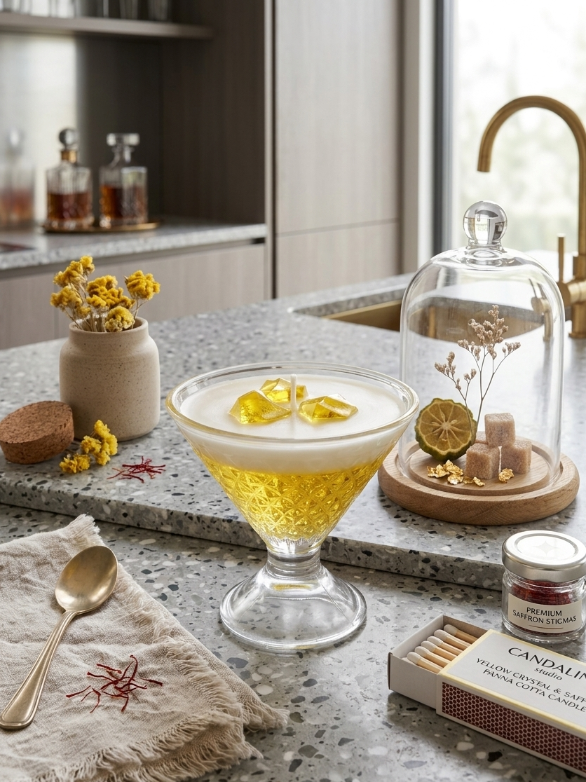 Cocktail in a glass with a lemon wedge on a kitchen counter, surrounded by decorative items.