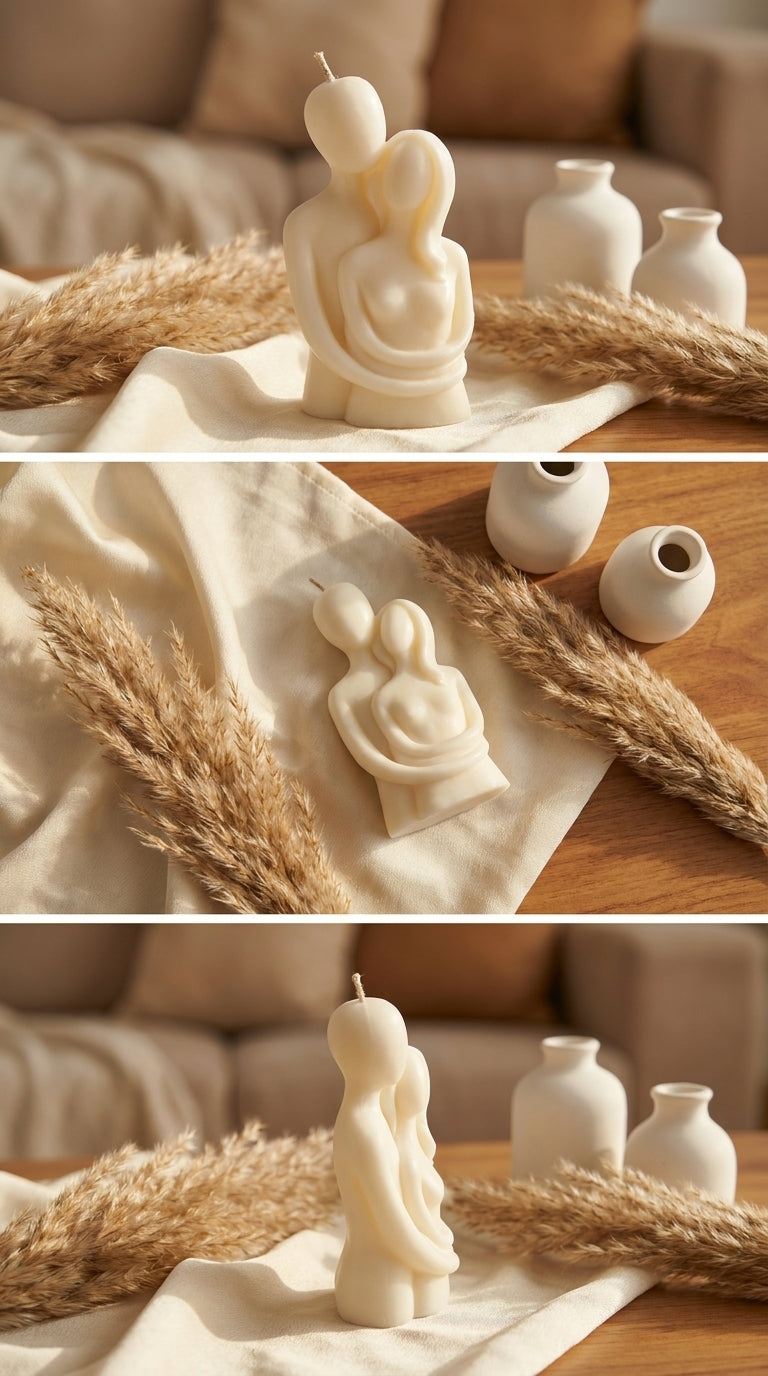 Decorative candles shaped like a heart and a rabbit on a wooden surface with decorative elements.