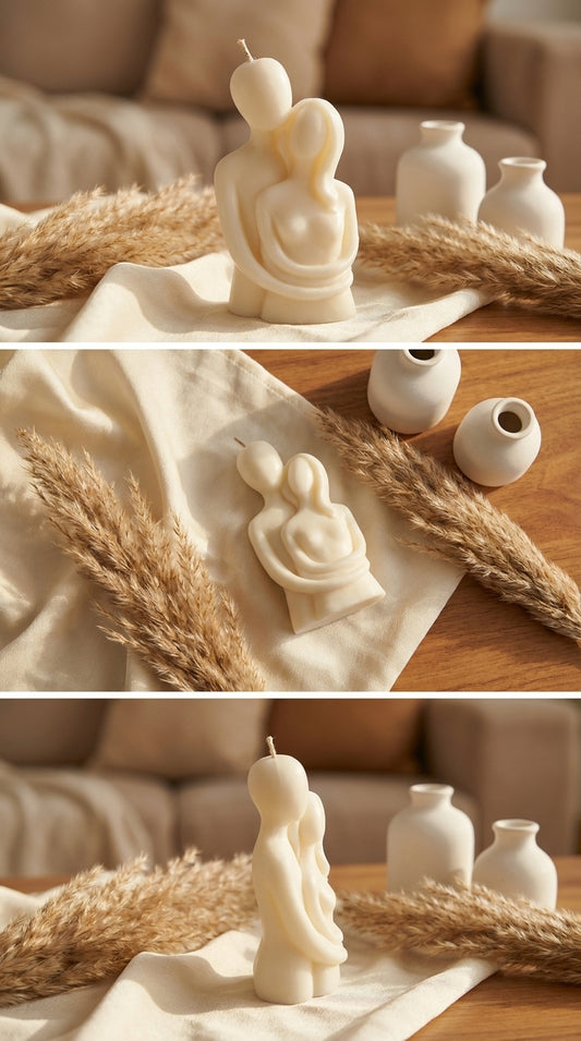 Decorative candles shaped like a heart and a rabbit on a wooden surface with decorative elements.