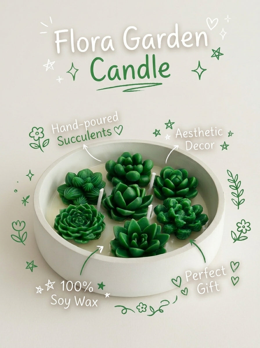 Flora Garden Candle with green succulent-shaped candles in a white dish on a light gray background.