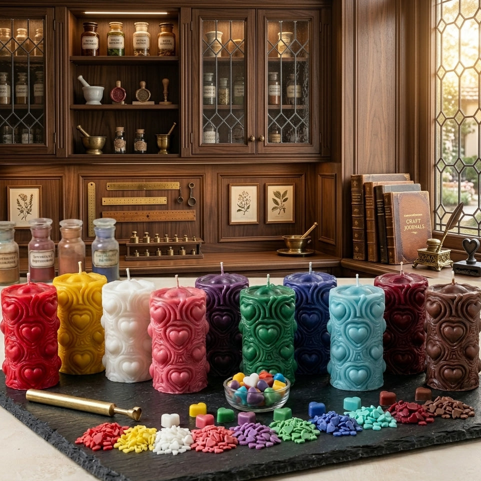 Colorful candles on a black tray with a wooden cabinet in the background