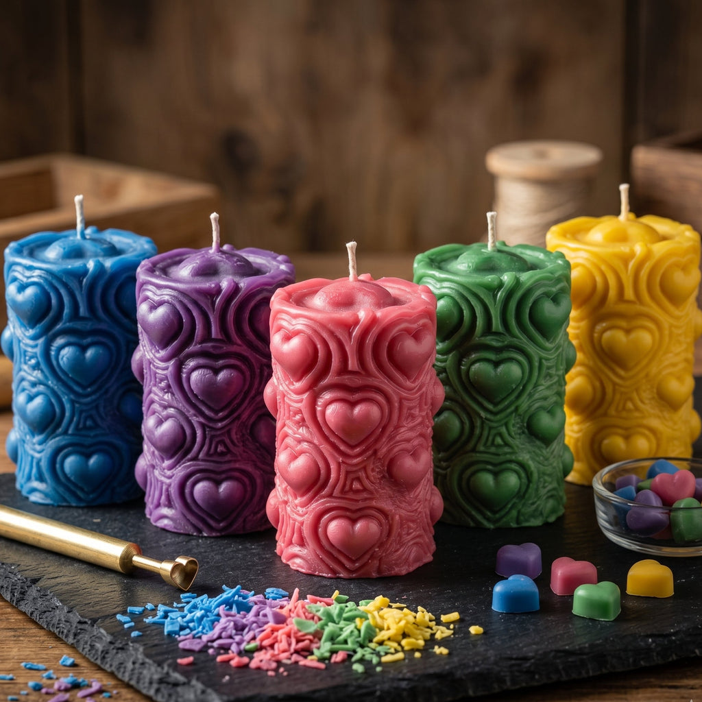 Colorful embossed candles on a dark surface with decorative elements.