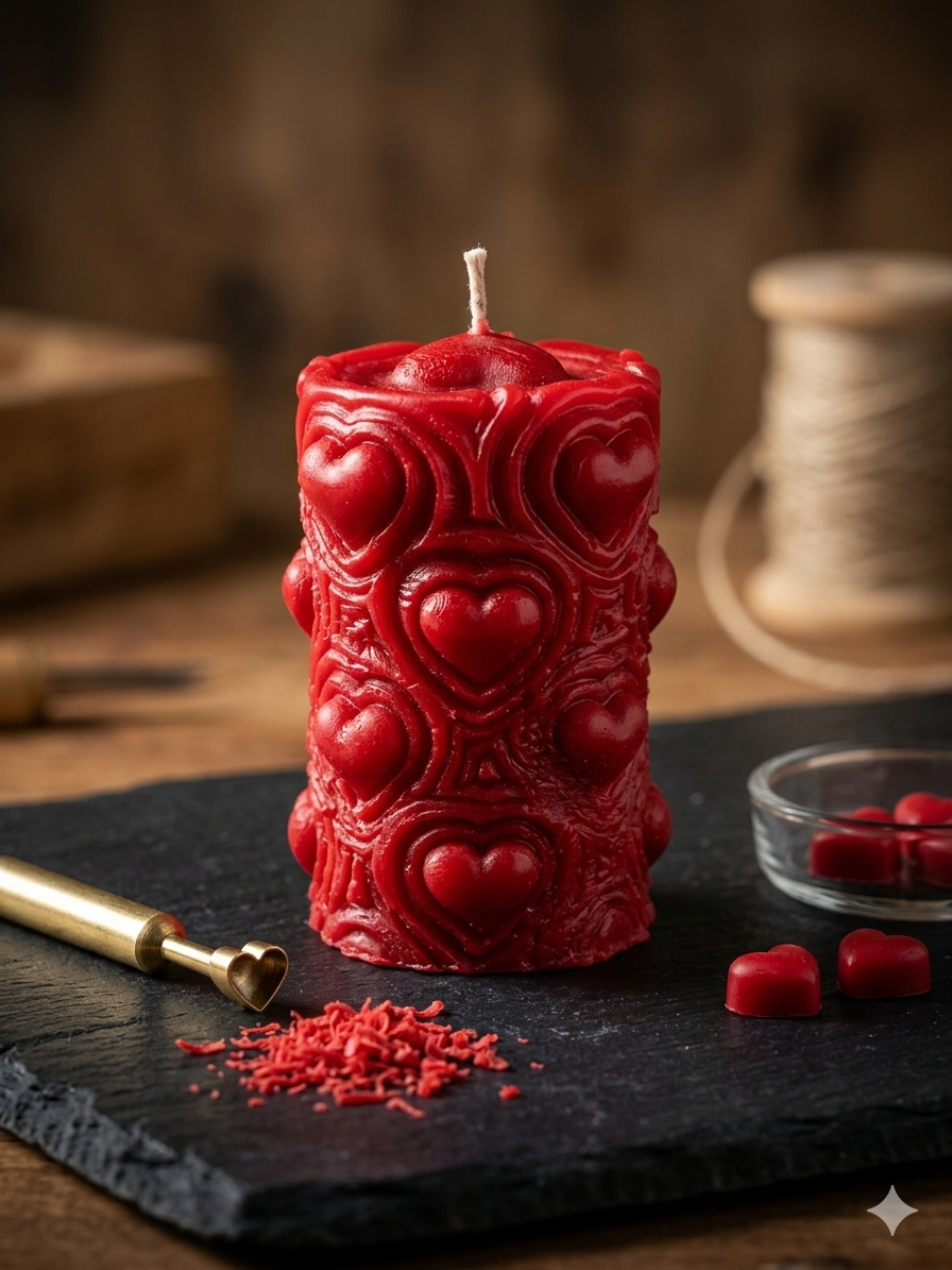 Red candle with heart designs on a dark surface with a blurred background