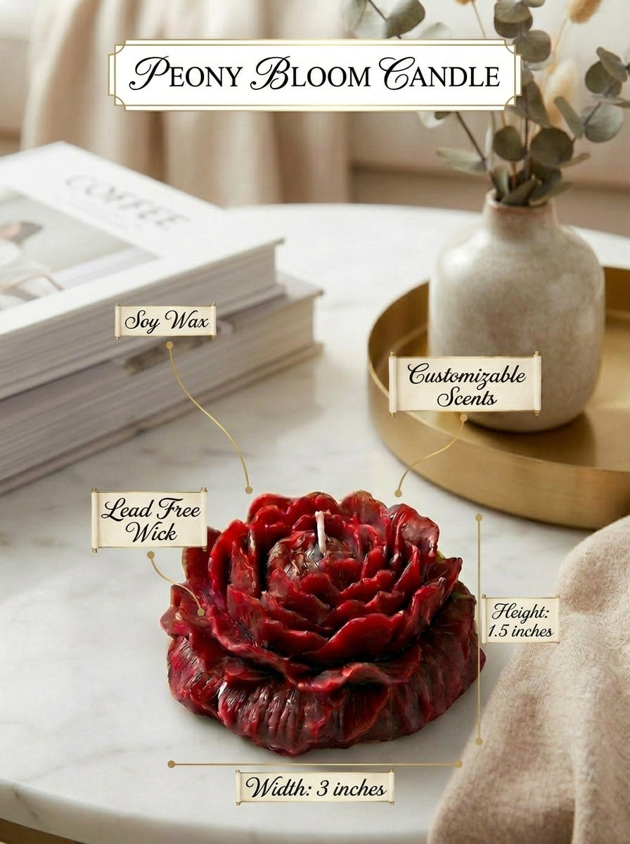 Red peony-shaped candle with customizable scents on a marble surface.