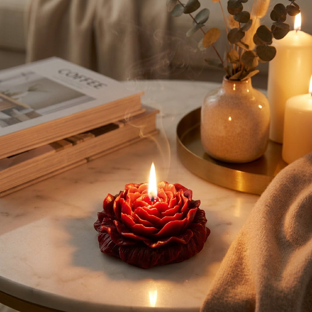 Red rose-shaped candle on a marble surface with a blurred background