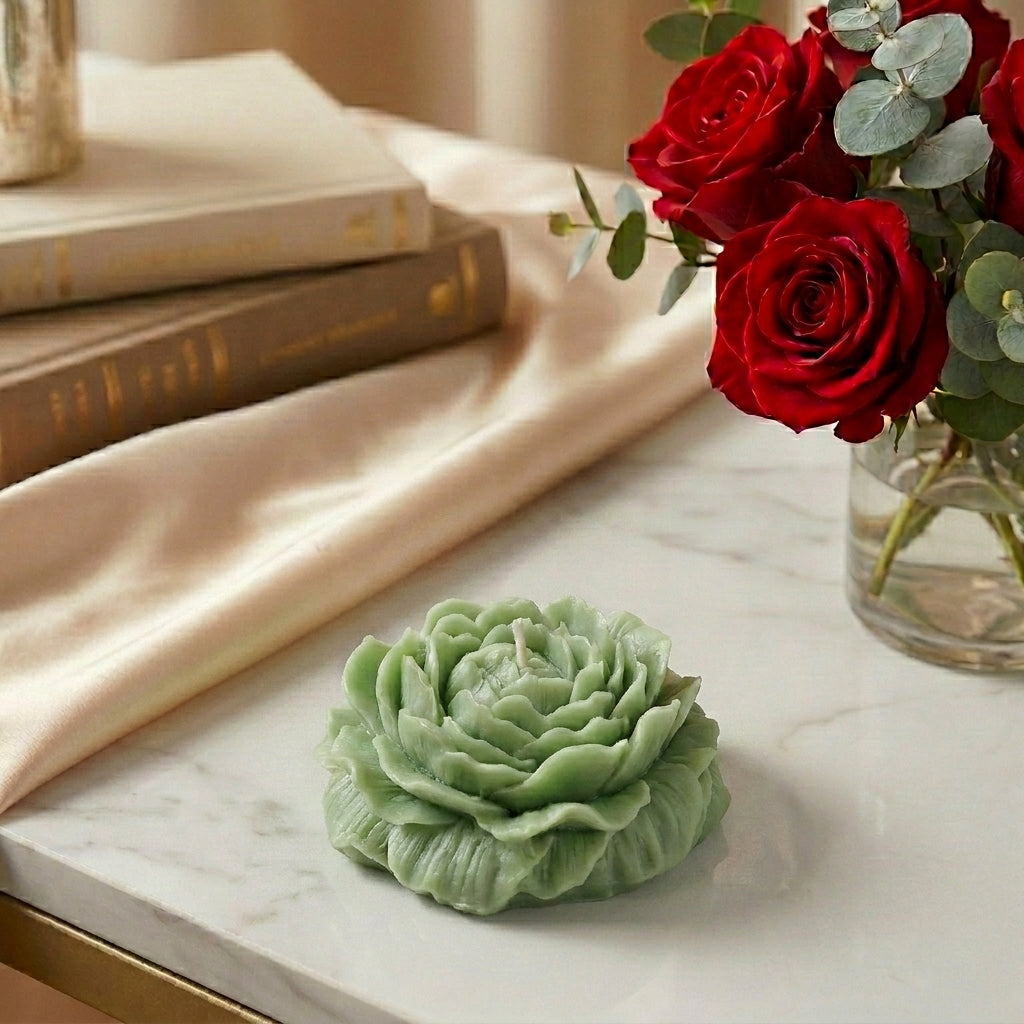 Green succulent-shaped candle on a marble surface with red roses in the background