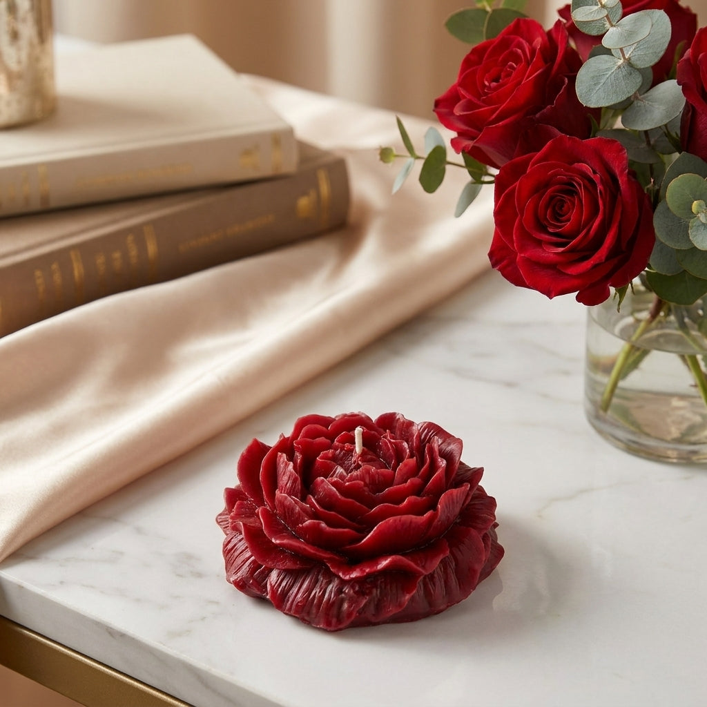 Red rose-shaped candle on a marble surface with books and a vase of red roses in the background.