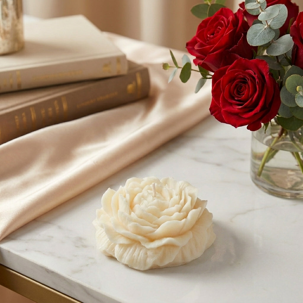 White flower-shaped soap on a marble surface with red roses in the background