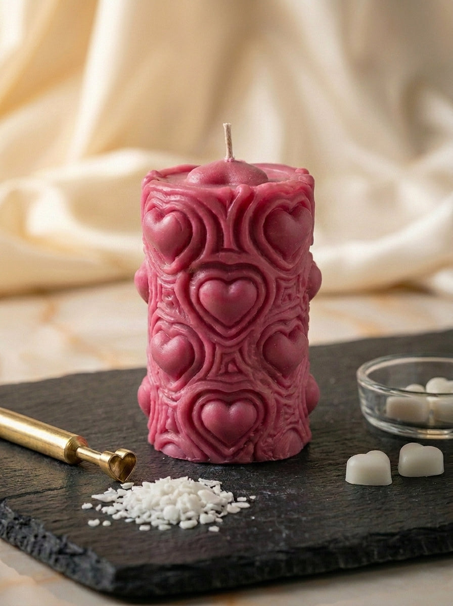 Pink candle with heart designs on a dark surface with a soft beige background