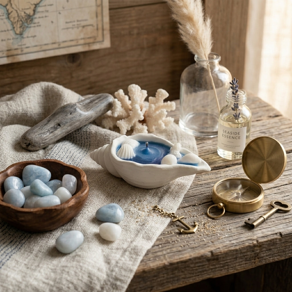Decorative setting with a shell candle, stones, a compass, and keys on a wooden surface.