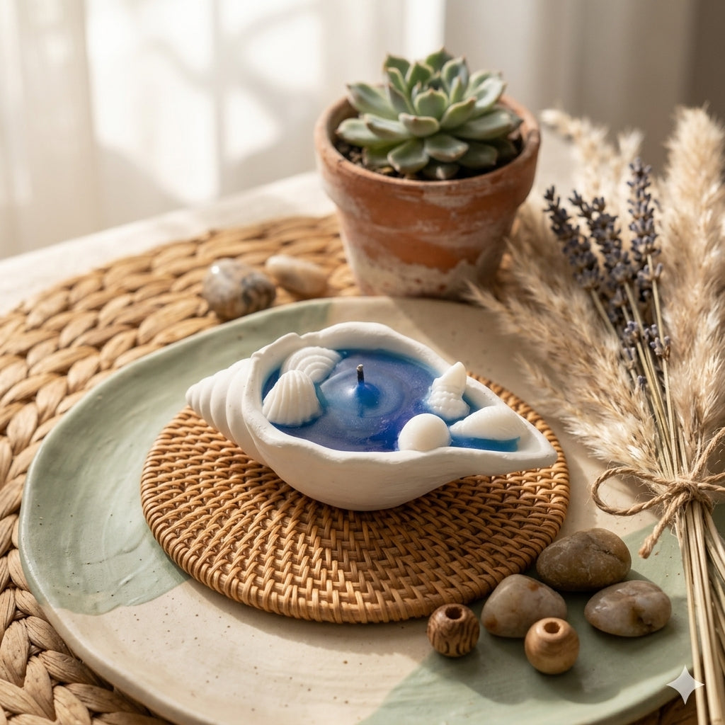 Decorative candle in a shell with a plant and stones on a woven mat