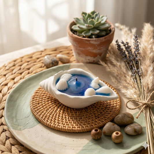 Decorative candle in a shell with a plant and stones on a woven mat
