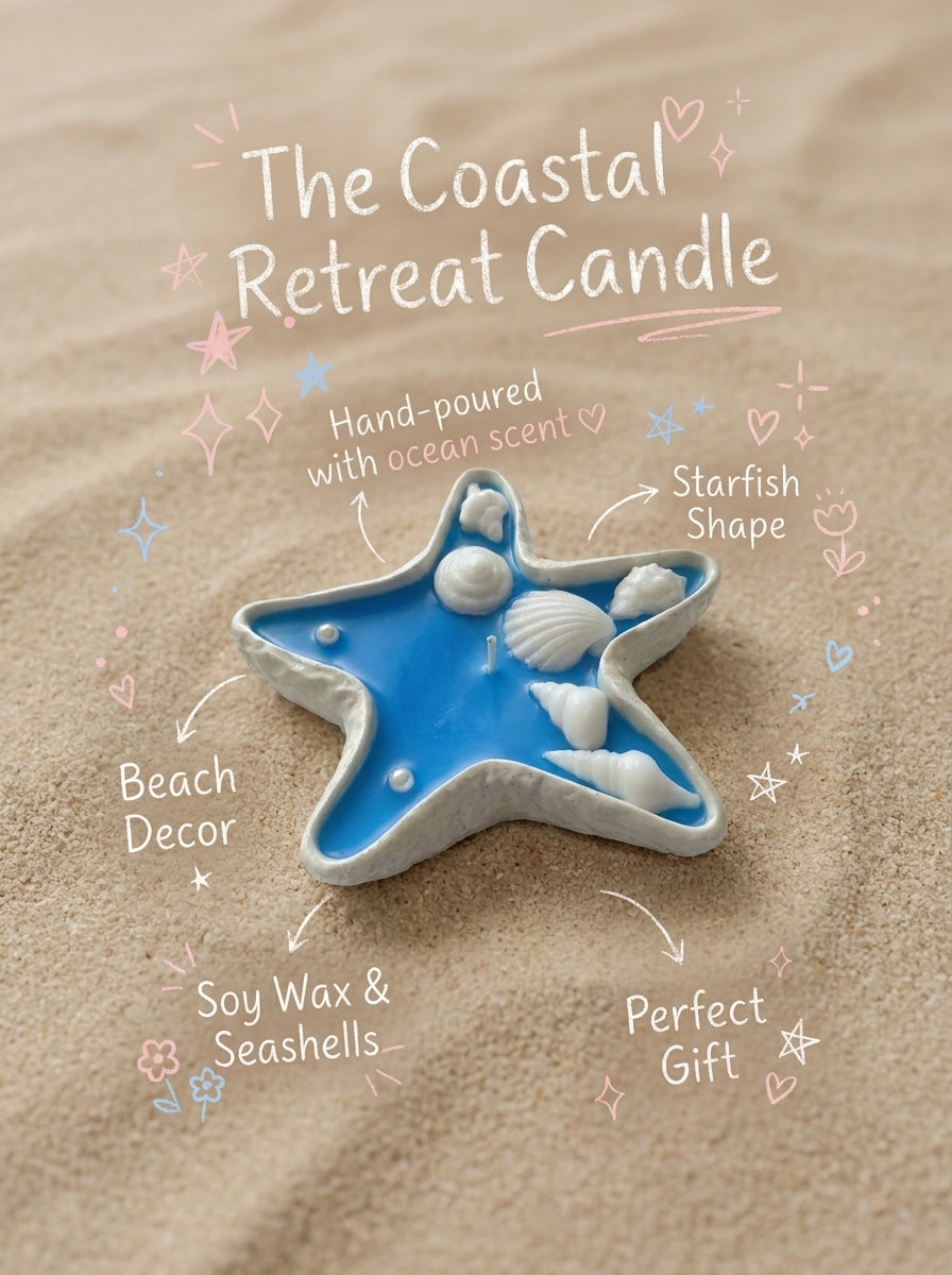 Starfish-shaped candle with ocean-themed text on a sandy background