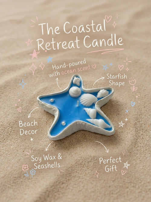 Starfish-shaped candle with ocean-themed text on a sandy background