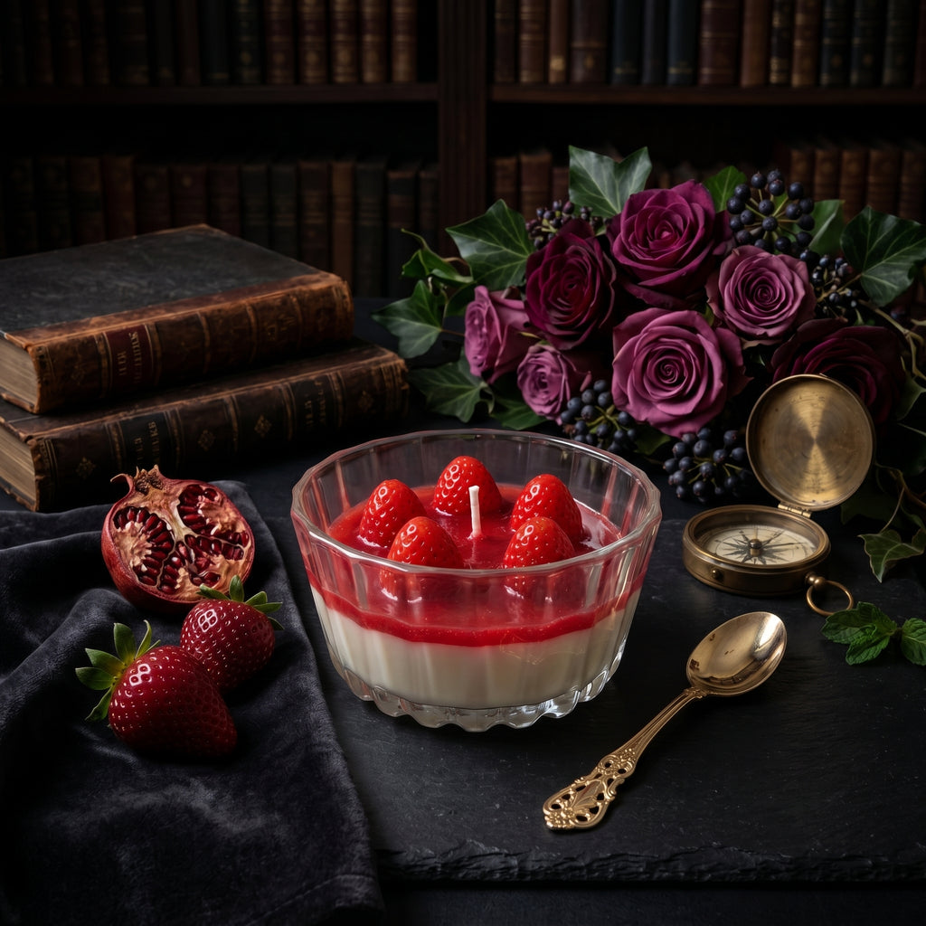 Glass dish with red and white dessert, strawberries, pomegranate, and flowers on a dark surface with books and compass in the background.