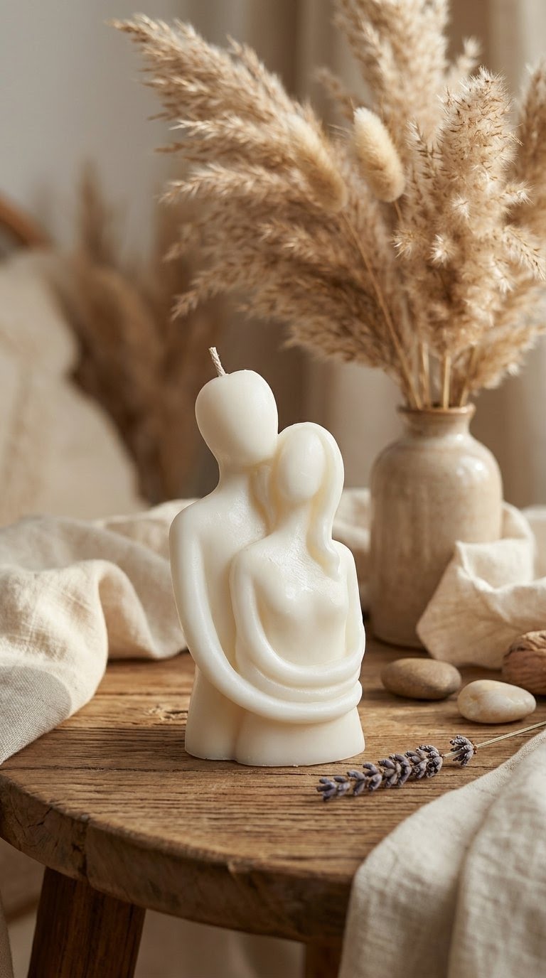 Candle shaped like a couple on a wooden table with dried plants and lavender.