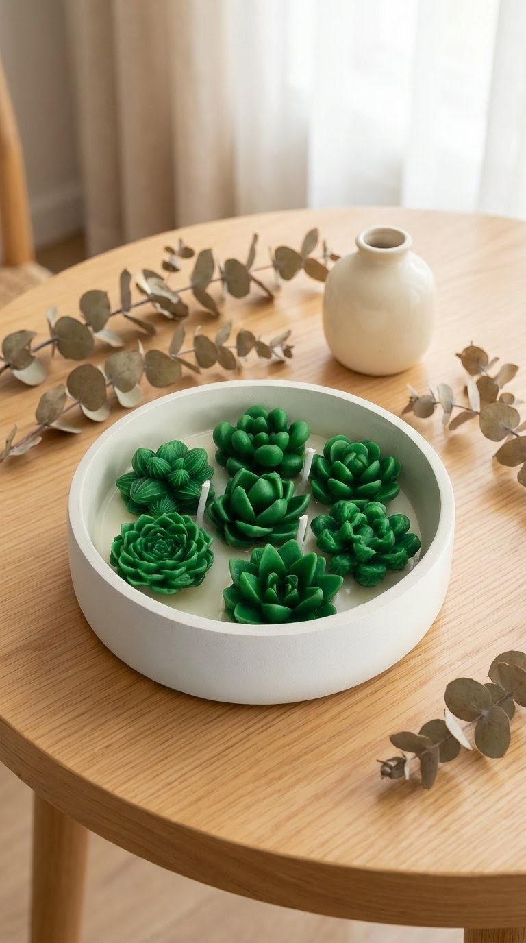 White bowl with green succulent-shaped objects on a wooden table with decorative leaves.