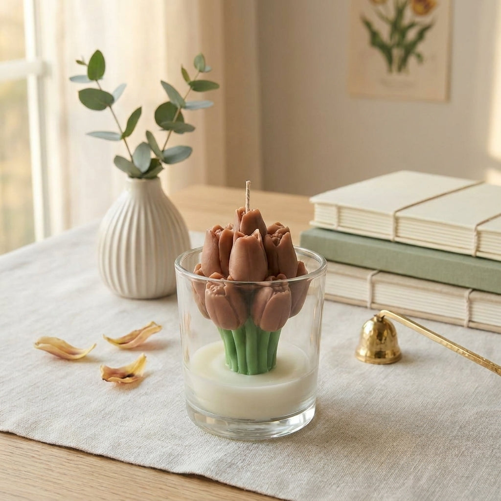 Decorative candle with plant design in a glass holder on a table with books and a vase in the background.