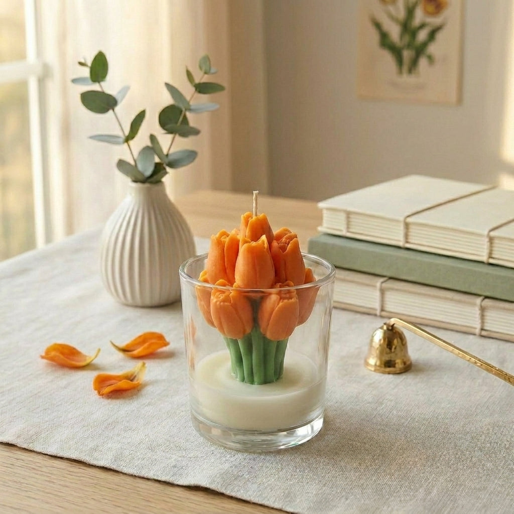 Candle shaped like orange tulips in a glass container on a table with books and a vase in the background.