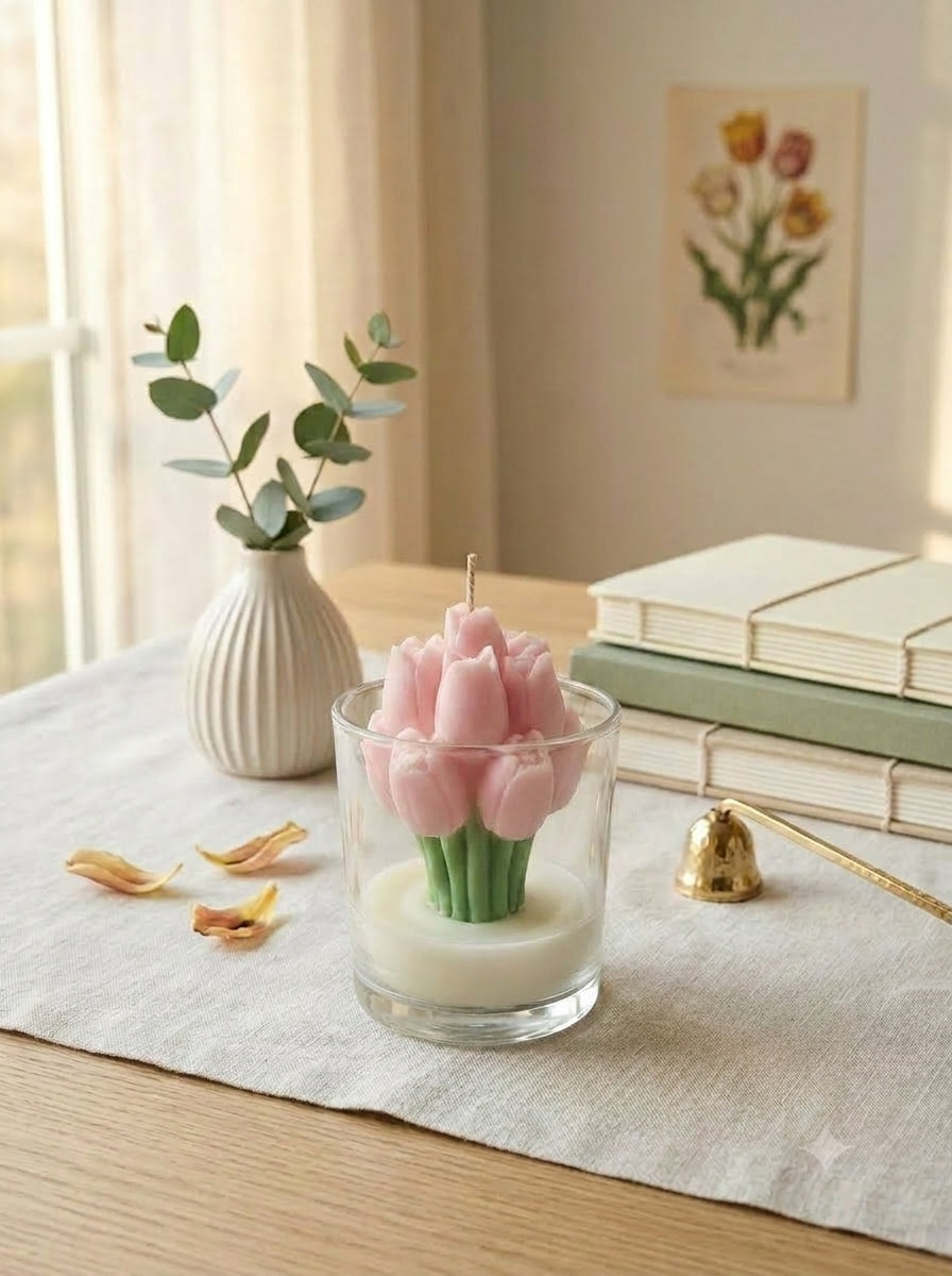 Pink tulip-shaped candle in a glass holder on a table with books and decor.