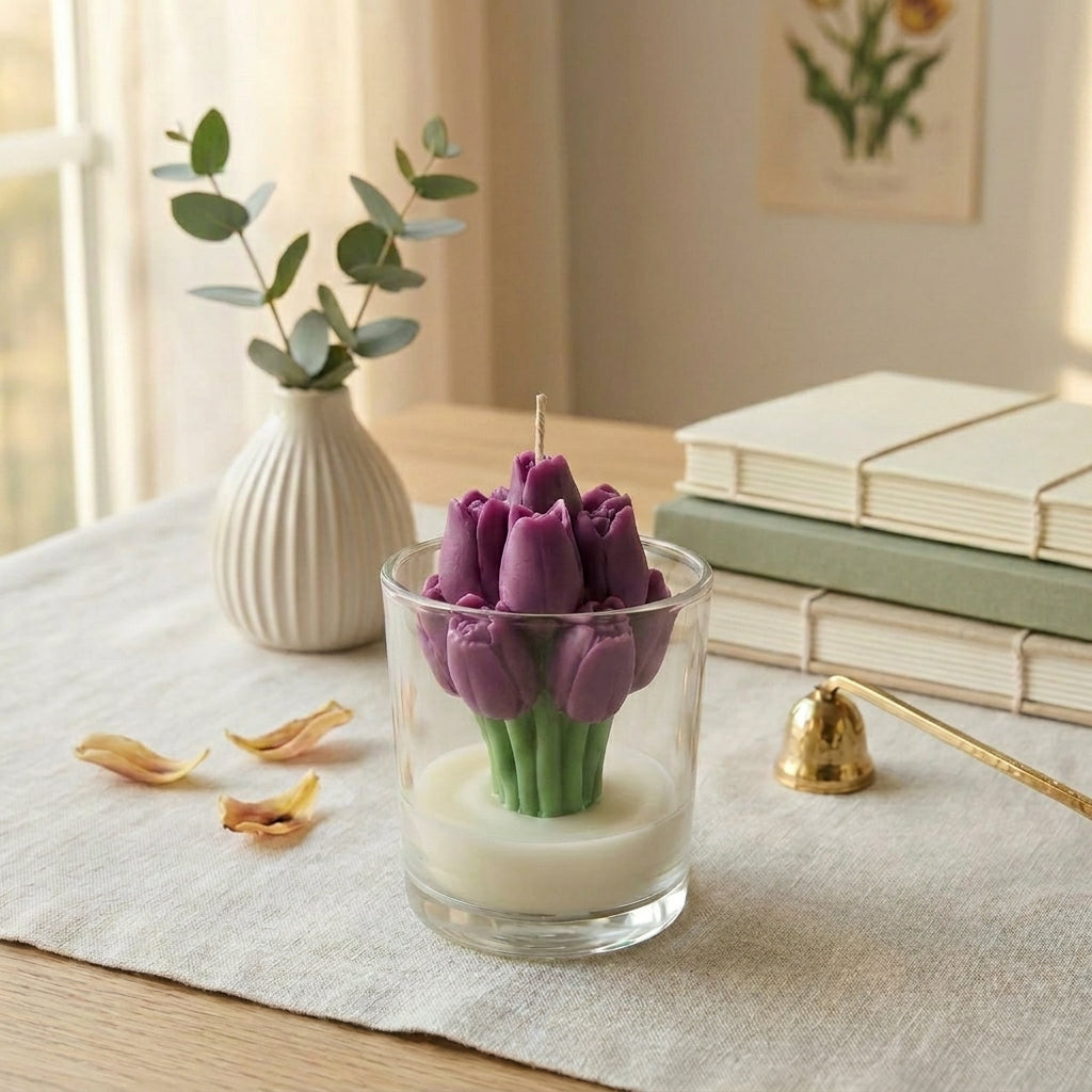 Purple tulip-shaped candle in a glass holder on a table with books and a vase in the background.