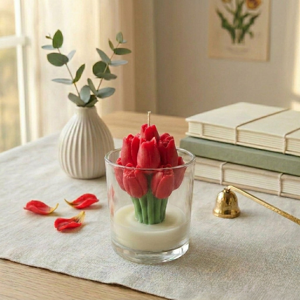 Red tulip-shaped candle in a glass container on a table with books and a vase in the background.