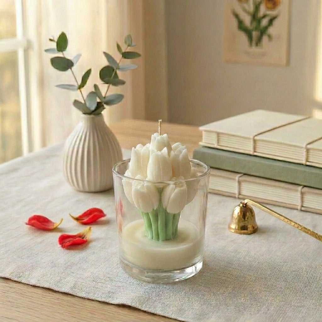 Candle shaped like a bouquet of white tulips in a glass container on a table with books and a vase in the background.