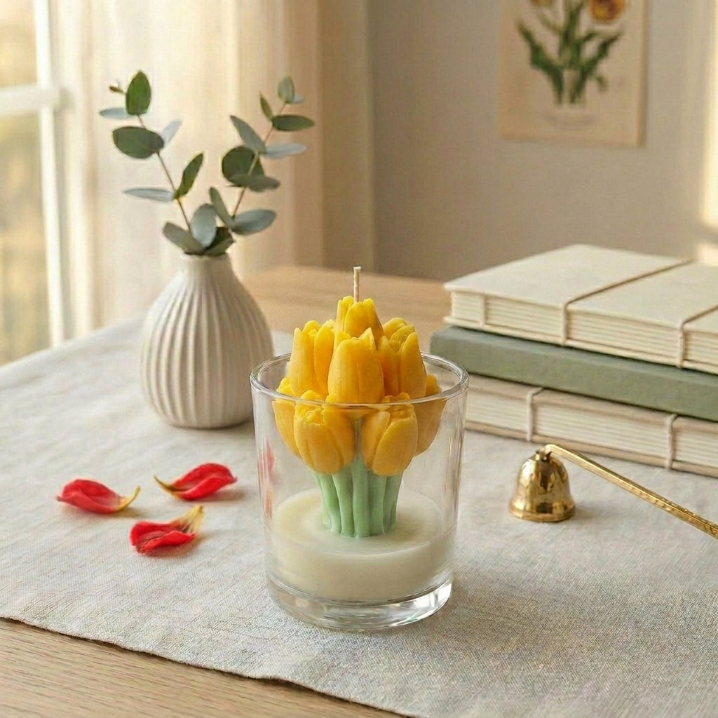 Yellow tulip-shaped candle in a glass holder on a table with books and a vase in the background.