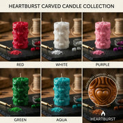 Heartburst Carved Candle Collection with red, white, purple, green, and aqua candles on a dark surface.