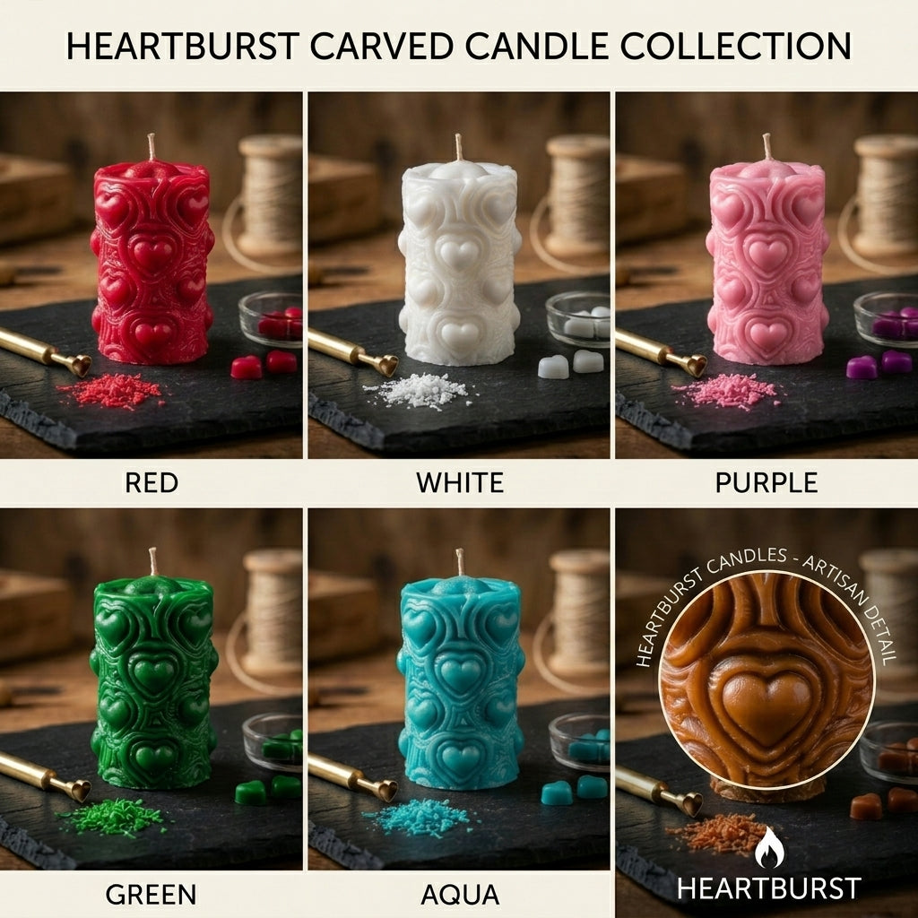 Heartburst Carved Candle Collection with red, white, purple, green, and aqua candles on a dark surface.