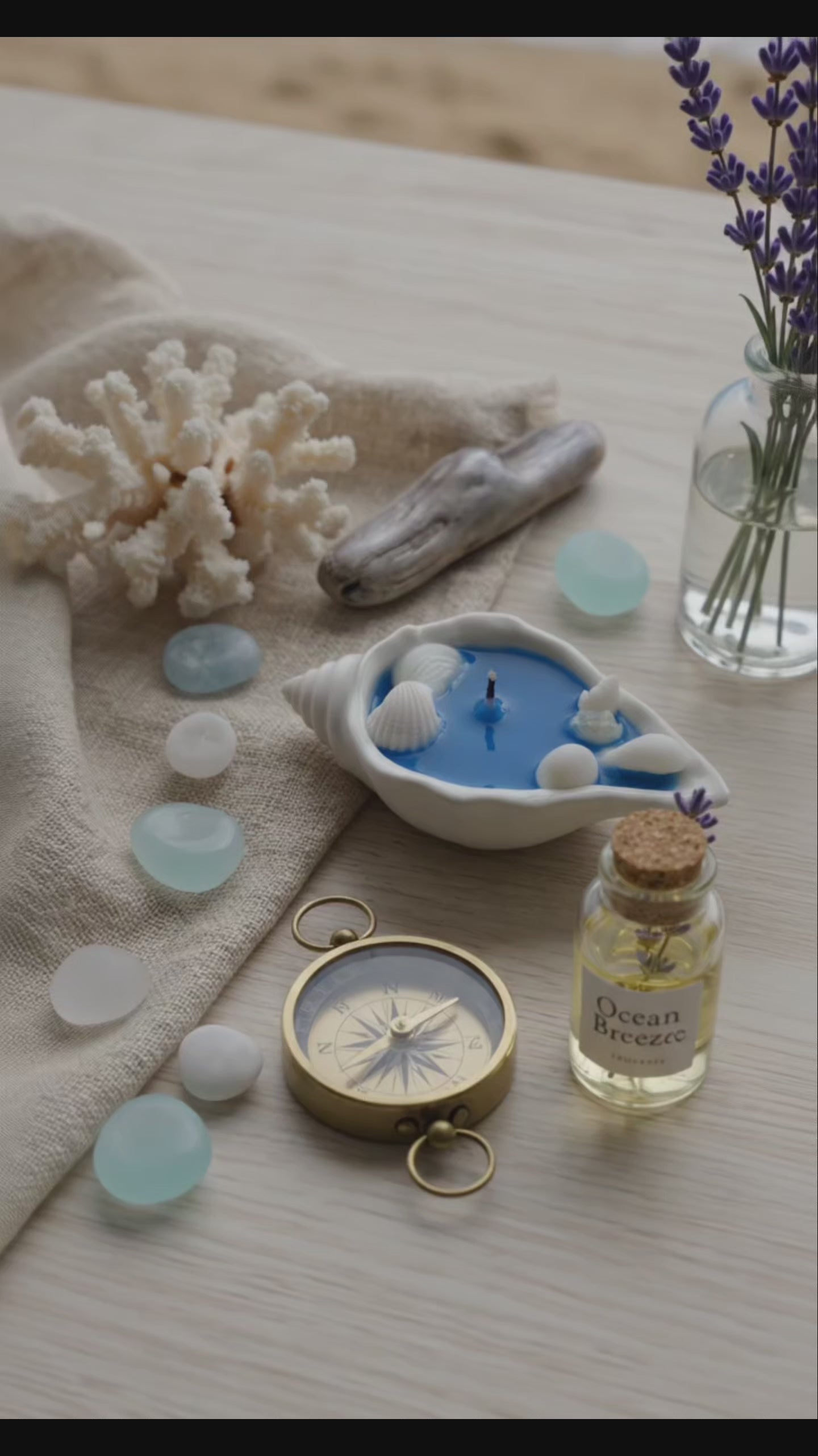 Shell light candle placed in a neat ocean background. Lights up on clicking